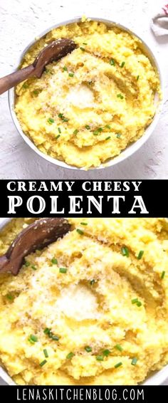 two pictures showing how to make creamy cheesy polenta