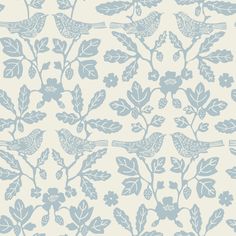 a blue and white wallpaper with birds on leaves