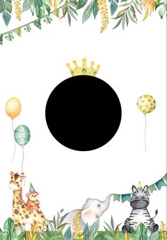 an animal themed birthday card with balloons and jungle animals