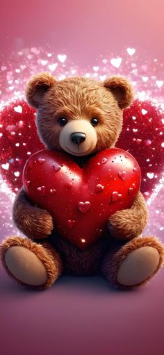 a teddy bear holding a red heart on a pink background with lots of hearts around it