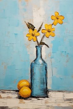 a painting of yellow flowers in a blue vase with two lemons on the table