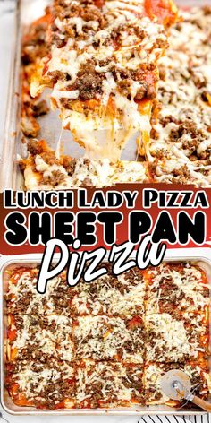 the lunch lady's sheet pan pizza is ready to be eaten