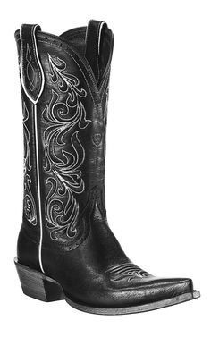 Ariat Palacio Ladies Black with Ornate White Embroidery Pointed Toe Cowboy Boots Snip Toe Cowgirl Boots, Ugg Boats, Black Cowboys, Ariat Boots, Black Cowboy, Heart Shoes, Boating Outfit, Western Boot