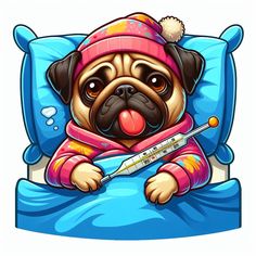 a cartoon pug dog with a thermometer in its mouth sitting on a pillow