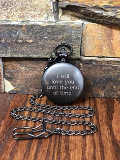 "Our classic-style Gunmetal engraved personalized pocket watch. Personalized gifts for groomsmen, best man, groomsman, Christmas gift, or gifts for men has a handsome black face with Roman numerals and includes a gunmetal finish. Sturdy chain and clip included for safe keeping. Gift box included. Watch Measures 1 1/2\" in diameter with a 14\" chain. Multi Order Discount Click here: Set of 5: https://www.etsy.com/listing/222290963/set-of-5-gun-metal-groomsmen?ref=shop_home_active_12 Set of 6: htt Engraved Stainless Steel Pocket Watch For Formal Occasions, Formal Engraved Stainless Steel Pocket Watch, Engraved Silver Pocket Watch For Anniversary, Silver Engraved Pocket Watch For Anniversary, Anniversary Engraved Silver Pocket Watch, Personalized Anniversary Watches, Personalized Formal Watches For Father's Day, Personalized Silver Watches For Anniversary, Classic Personalized Watches For Anniversary