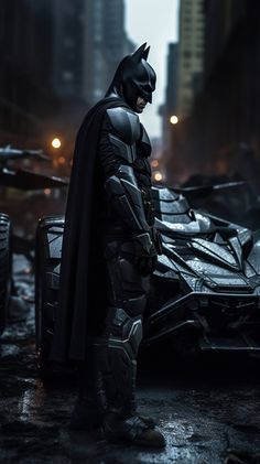 the dark knight batman stands in front of his batmobile