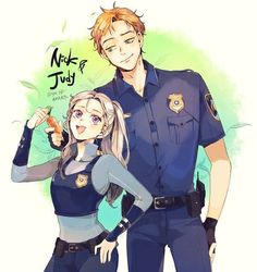 two anime characters are standing next to each other, one is police officer and the other is