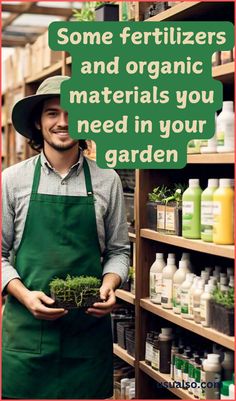 a man holding a potted plant in front of shelves filled with bottles and containers