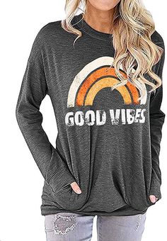 Hount Women's Fall Tops Long Sleeve Crew Neck Loose Casual Tunic Tops Shirts (Large, Orange Rainbow) at Amazon Women’s Clothing store Good Vibes Shirt, Long Sleeve Graphic Tees, Women Hoodies, Tunic Tops Casual, Casual Tunics, Blouse Long Sleeve, Blouse Tops, Loose Shirts, Spring Tops