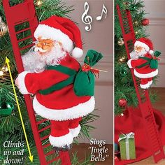 two pictures of santa claus climbing a ladder next to a christmas tree with musical notes