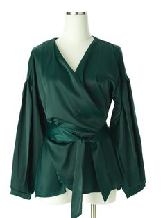 This is the dream top. This wrap top can typically be work in a few different ways and are usually tied to remain fastened. Made from high quality satin fabric. satin fabric- 100% high quality Polyester blend hand-wash unlined Satin Top Outfit, Green Satin Top, Satin Outfits, Satin Wrap Top, Long Sleeve Wrap Top, Hijabi Outfits Casual, Sleeves Designs For Dresses, Crop Top Dress, Wrap Shirt