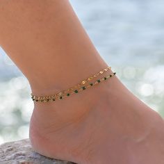 This gold and green chain anklet is for women. Its boho style makes it a great piece of summer jewelry. The ankle bracelets have an extension so the size can be adjusted. They can be worn seperately or as an anklet set. Ankle Braclets, Ankle Bracelets Gold, Hand Jewelry Rings, Anklets Indian, Layer Chain, Boots Outfit Ankle, Anklets For Women, Anklet Designs, Ankle Jewelry