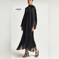 Classy Black Fringe Maxi Dress, Can Be Worn To Any Event. Great Quality And Mint Condition With Tag! Black Long Sleeve Silk Dresses, Black Silk Dress For Fall, Black Floor-length Dinner Midi Dress, Black Silk Maxi Dress For Fall, Orange Long Sleeve Dress, Giraffe Print Dress, 70s Fashion Dresses, Knee Length Dresses Casual, Tuck Dress