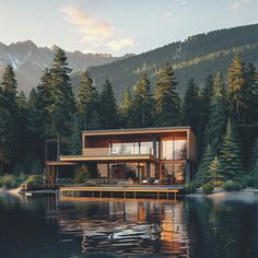 a house sitting on top of a lake next to a lush green forest covered hillside