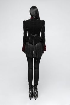 Women Scissor-tail Velvet Short Gothic Jackets With Black-red Rose Lac– Punkravestore Red Gothic Outerwear For Winter, Red Gothic Winter Outerwear, Fitted Gothic Blazer For Fall, Gothic Fitted Outerwear For Fall, Fitted Gothic Outerwear For Fall, Gothic Trench Coat, Punk Outfit, Tuxedo Coat, Gothic Jackets