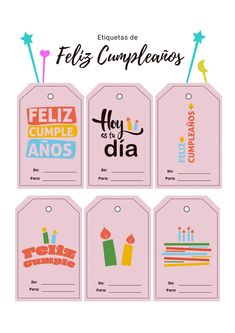 four tags with the words feliz cumpleros and candles in different languages