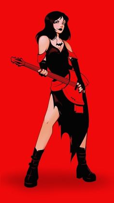 a drawing of a woman in black and red holding a guitar on a red background