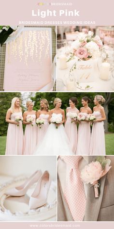 pink and gold wedding color scheme with bridesmaid's dresses, shoes, bouquets