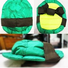 the hat is green and brown with a black bow