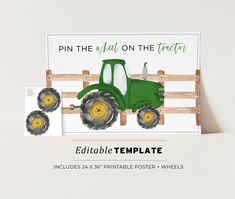 an image of a green tractor with farm animals on it and the words, pin the wall on the tractor edible template