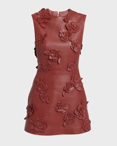 Valentino Garavani Flower-Applique Sleeveless Nappa Leather Mini Dress | Neiman Marcus Valentino Garavani Dress, Allover Flower, Leather Embroidery, Valentino Couture, Patchwork Top, Leather Mini Dress, Purple Mini Dresses, Ribbed Midi Dress, Leather Flowers