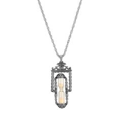 Show your vintage flair with this lovely 1928 Silver Tone Hourglass Pendant Necklace. Show your vintage flair with this lovely 1928 Silver Tone Hourglass Pendant Necklace. NECKLACE FEATURES Drop length: 2.6 in. Chain length: 30 in. Clasp: lobster-claw Metal: alloy Plating: silver tone Finish: antiqued Material: glass Size: 30". Color: Grey. Gender: female. Age Group: adult. Vintage Glass Necklace Nickel Free, Vintage Nickel-free Glass Necklace, Vintage Glass Nickel-free Necklace, Vintage Silver Glass Necklace, Vintage Antique Silver Necklace For Memorial, Hourglass Necklace, Hourglass Pendant, Hour Glass, Goth Jewelry