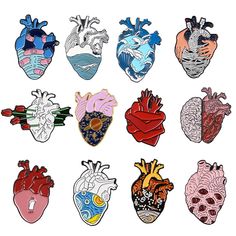 an assortment of heart shaped patches on a white background, each with different colors and shapes