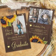 two graduation announcement cards with sunflowers on the front and back, sitting on top of a piece of wood