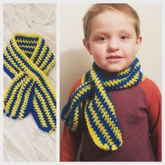 a young boy wearing a yellow and blue knitted scarf next to a photo of his face