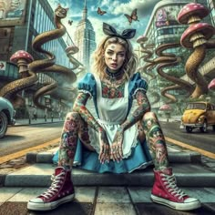 a woman with tattoos sitting on the ground in front of some buildings and snakes around her