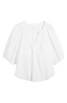 Charming puff sleeves frame this split-neck top cut from crisp poplin. 21 1/2" length Split neck Elbow-length sleeves with elastic cuffs 100% cotton Machine wash, tumble dry Made in the USA of imported fabric Poplin Top, Elbow Length Sleeve, Puff Sleeves, Puff Sleeve, Top Brands, Split, Nordstrom, Elastic, Luxury Fashion