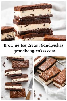 chocolate brownie ice cream sandwiches are stacked on top of each other