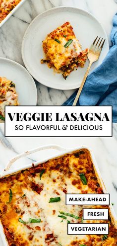 two white plates with lasagna on them and the words vegan lasagna so flavorful delicious make - ahead fresh vegetarian