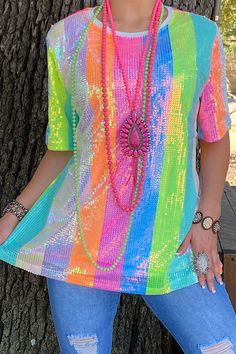 XCH13555 Multi color sequin short sleeve top Colorful Short Sleeve T-shirt For Spring, Spring T-shirt With Sequins And Short Sleeves, Sequin Short Sleeve Party T-shirt, Summer Short Sleeve T-shirt With Sequins, Multicolor Crew Neck Short Sleeve Top For Summer, Multicolor Crew Neck Short Sleeve Summer Top, Party Sequin Short Sleeve T-shirt, Party T-shirt With Short Sleeves For Spring, Multicolor Half Sleeve Blouse For Summer