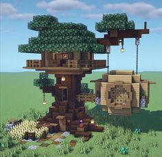 the tree house is made out of wood and has several trees growing on top of it