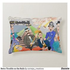 a decorative pillow with an image of people on the train tracks and one man holding a guitar