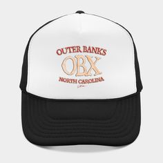 the outer banks trucker hat in white and black with orange letters on it, which reads