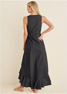 All of your favorite details wrapped up in one figure-flattering dress. Let's start with the V-neckline that highlights your decollete and visually lengthens your frame. Up next: the wrap silhouette that cinches your waist and creates an hourglass shape. To finish, a cascading high-low hem with flouncy feminine ruffles to show off your legs. For everyday or big moments, you can't go wrong.  * Available in plus sizes  * V-neckline  * Wrap style  * Ruffled high-low hem  * 57.5" from shoulder  * Cotton (CmiA). Imported Chic V-neck Wrap Dress With Tie Back, Chic V-neck Dress With Flattering Silhouette For Summer, Chic Summer V-neck Dress With Flattering Silhouette, Summer V-neck Maxi Dress With Flattering Silhouette, Leather Trend, Figure Flattering Dresses, Swim Trends, Flattering Dress, Fall Denim