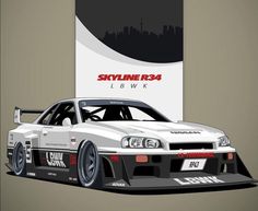 an image of a car that is in front of a sign with the name skyline r34 on it