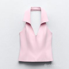 New With Tag Brand Zara Zara S/S ‘24 Collection Fitted Shirt Style Halter Top With V-Neck. Open Back. Side And Front Hidden In-Seam Zipper. Pastel Pink | 2796/777 Outer Shell 92% Polyester 8% Elastane Lining 100% Polyester Which Has At Least: Outer Shell 92% Rcs-Certified Recycled Polyester 8% Rcs-Certified Recycled Elastane Lining 100% Rcs-Certified Recycled Polyester Certified Materials Rcs Certified Recycled Polyester Nowadays, Recycled Polyester Is Mainly Made From Pet Plastic Waste. This Is Fitted Spring Blouse With Notched Neckline, Fitted Blouse With Notched Neckline For Spring, Chic Spring Top With Notched Neckline, Chic Tops With Notched Neckline For Spring, Chic Summer V-neck Top With Notched Neckline, Chic V-neck Top With Notched Neckline For Spring, Fitted Tops With Notched Neckline For Spring, Chic Office Tops With Notched Neckline, Chic Notched Neckline Tops For Office