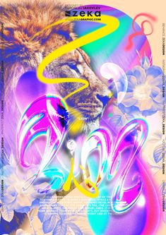 a poster with an image of a lion on it's face and colorful swirls in the background