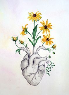 a drawing of a heart with flowers in it's center and yellow daisies on the side