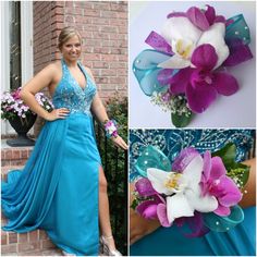 three pictures of different types of flowers and ribbons on the bridesmaid's dress