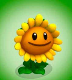 a cartoon sunflower with a smiley face on it's head and green leaves