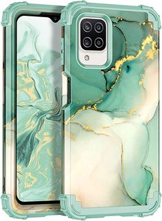 the back and side view of an iphone case with gold accents on green, marble