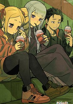 three people sitting on the ground drinking beverages