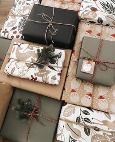 presents wrapped in brown paper and tied with twine