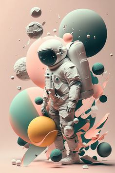 an astronaut is standing in front of some colorful balls and shapes on a pink background