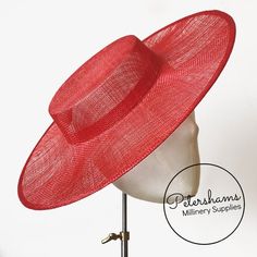 Boaters are all the rage, and this red sinamay fascinator version has us all in a twirl! Made from 2 layers of stiffened sinamay, these boaters are ready to trim and have a petersham ribbon on it's inside edge. Simply add a comb or headband to secure to the head.Hat base measures:Width: 37cm (14.5 inches)Crown Width: Measures 15.5cm (6.1 inches) wide at base and 14cm (5.5 inches) at top Crown Height: 4.5cm (1.7 inches)Please note our latest batch of boaters have been made slightly bigger this ti Sinamay Fascinator, Millinery Supplies, Hat Base, Fascinator Hat, Poppy Red, Millinery Hats, Fascinator Hats, Sew In, Fitted Hat