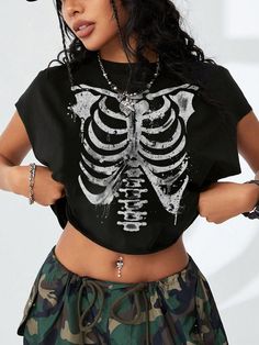 Halloween Casual Minimalist Skull Graphic Round Neck Crop Loose T-Shirt For Women, Summer Black Casual  Cap Sleeve Knitted Fabric Colorblock,Halloween  Slight Stretch  Women Clothing, size features are:Bust: ,Length: ,Sleeve Length: Skeleton Top, Black Halloween Crop Top For Streetwear, Skeleton Crop Top, Casual Halloween Graphic Print Crop Top, Emo Short Sleeve Top With Skull Print, Cotton Grunge Skull Print Top, Edgy Skull Print Short Sleeve Top, Skeleton Clothes, Loose Crop Top